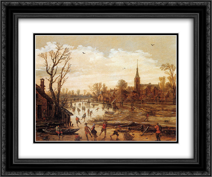 Winter landscape 24x20 Black Ornate Wood Framed Art Print Poster with Double Matting by Velde, Esaias van de