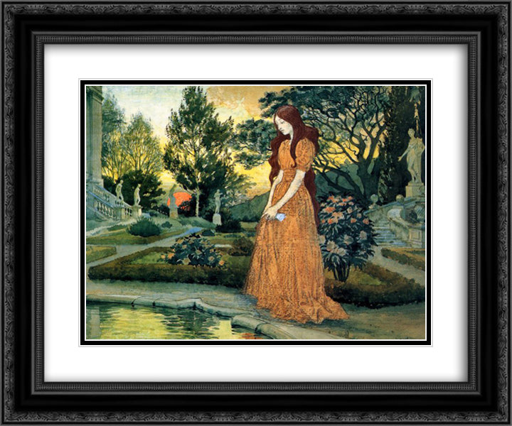 Girl in the Garden 24x20 Black Ornate Wood Framed Art Print Poster with Double Matting by Grasset, Eugene