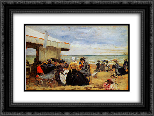 A Beach Scene 24x18 Black Ornate Wood Framed Art Print Poster with Double Matting by Boudin, Eugene