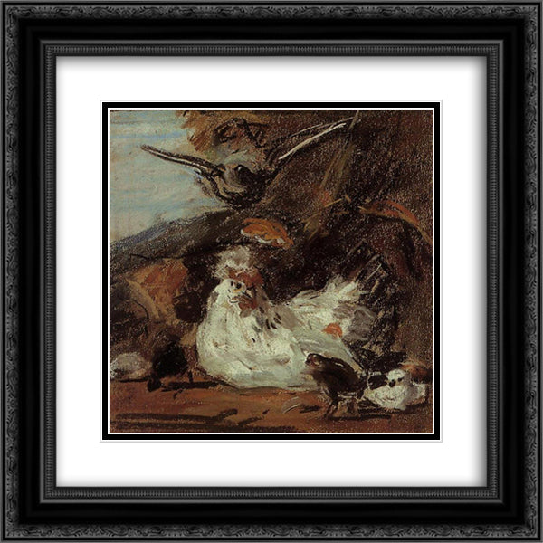 A Hen and Her Chicks (after Melchior d'Hondecoeter) 20x20 Black Ornate Wood Framed Art Print Poster with Double Matting by Boudin, Eugene