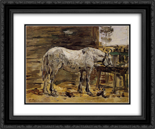 A Horse Drinking 24x20 Black Ornate Wood Framed Art Print Poster with Double Matting by Boudin, Eugene