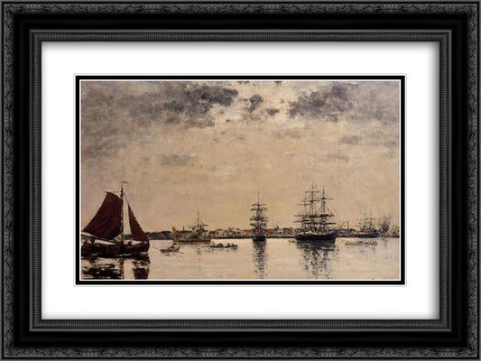 Antwerp, boats on the River Escaut 24x18 Black Ornate Wood Framed Art Print Poster with Double Matting by Boudin, Eugene