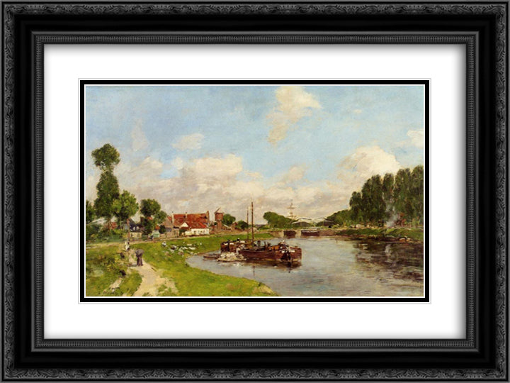 Barges on the canal at Saint-Valery-sur-Somme 24x18 Black Ornate Wood Framed Art Print Poster with Double Matting by Boudin, Eugene