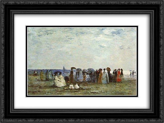 Bathers on the Beach at Trouville 24x18 Black Ornate Wood Framed Art Print Poster with Double Matting by Boudin, Eugene