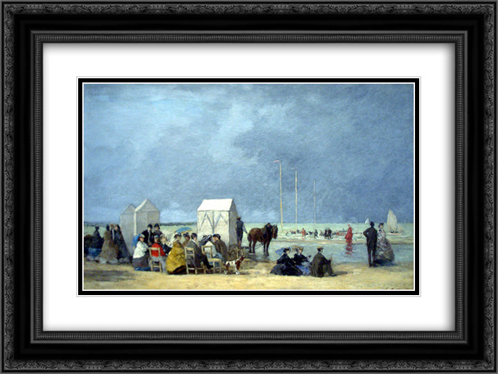 Bathing time at Deauville 24x18 Black Ornate Wood Framed Art Print Poster with Double Matting by Boudin, Eugene