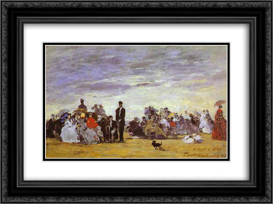 Beach at Trouville 24x18 Black Ornate Wood Framed Art Print Poster with Double Matting by Boudin, Eugene