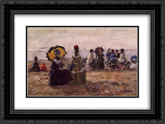 Beach Scene, the Yellow Umbrella 24x18 Black Ornate Wood Framed Art Print Poster with Double Matting by Boudin, Eugene