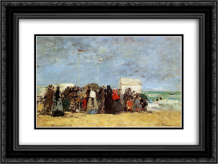 Beach Scene, Trouville 24x18 Black Ornate Wood Framed Art Print Poster with Double Matting by Boudin, Eugene