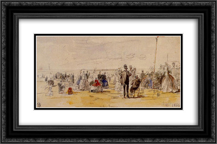 Beach Scene at Trouville 24x16 Black Ornate Wood Framed Art Print Poster with Double Matting by Boudin, Eugene