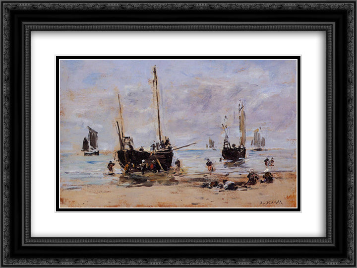 Berck, Fishermen at Low Tide 24x18 Black Ornate Wood Framed Art Print Poster with Double Matting by Boudin, Eugene