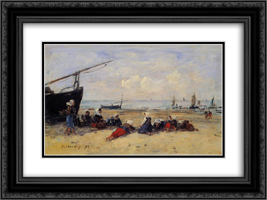 Berck, Fisherwomen on the Beach, Low Tide 24x18 Black Ornate Wood Framed Art Print Poster with Double Matting by Boudin, Eugene