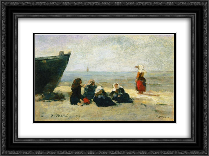 Berck, Fisherwomen on the Beach 24x18 Black Ornate Wood Framed Art Print Poster with Double Matting by Boudin, Eugene