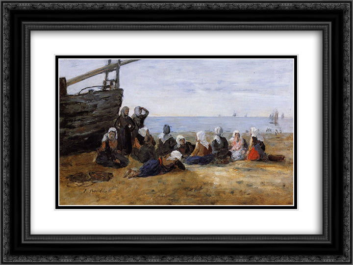 Berck, Group of Fishwomen Seated on the Beach 24x18 Black Ornate Wood Framed Art Print Poster with Double Matting by Boudin, Eugene