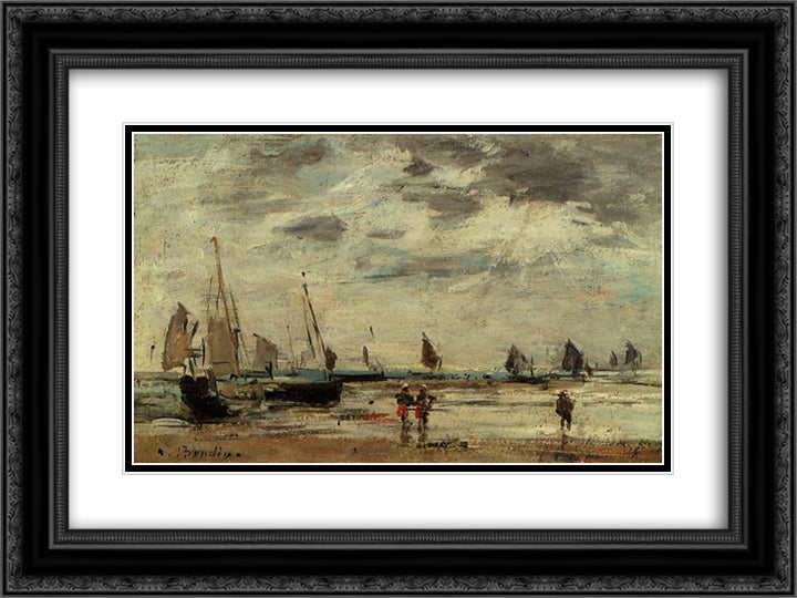 Berck, Jetty and Sailing Boats at Low Tide 24x18 Black Ornate Wood Framed Art Print Poster with Double Matting by Boudin, Eugene