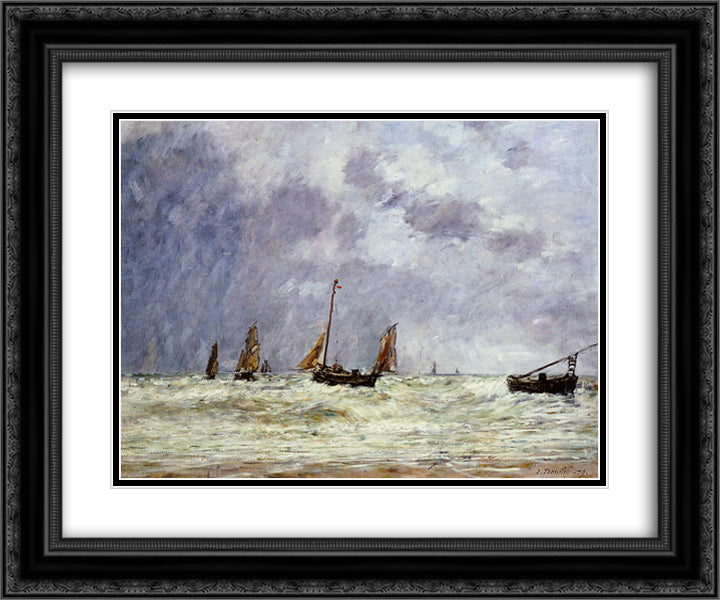 Berck, the Departure of the Boats 24x20 Black Ornate Wood Framed Art Print Poster with Double Matting by Boudin, Eugene