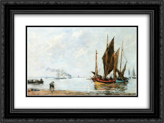 Boats At Anchor along the Shore 24x18 Black Ornate Wood Framed Art Print Poster with Double Matting by Boudin, Eugene