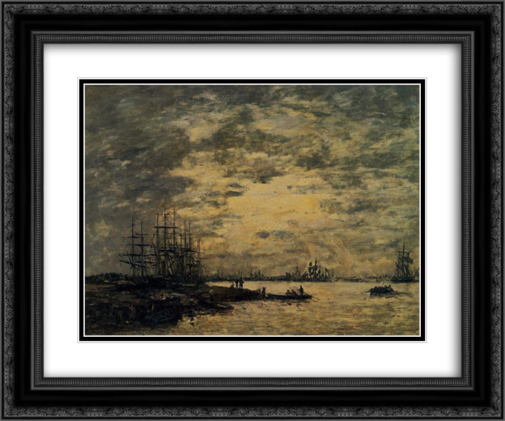 Bordeaux, Boats on the Garonne 24x20 Black Ornate Wood Framed Art Print Poster with Double Matting by Boudin, Eugene