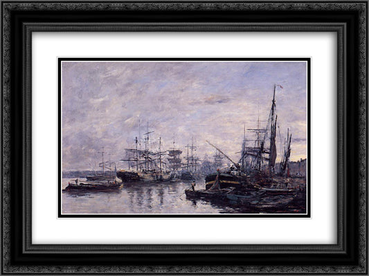 Bordeaux, the Port 24x18 Black Ornate Wood Framed Art Print Poster with Double Matting by Boudin, Eugene