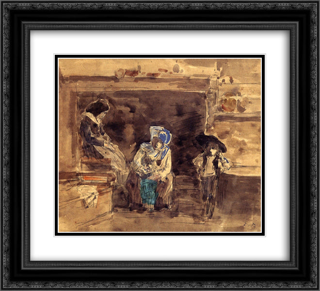 Breton Family by the Fireplace 22x20 Black Ornate Wood Framed Art Print Poster with Double Matting by Boudin, Eugene