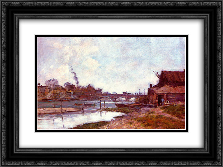 Bridge on the River Touques at Deauville 24x18 Black Ornate Wood Framed Art Print Poster with Double Matting by Boudin, Eugene