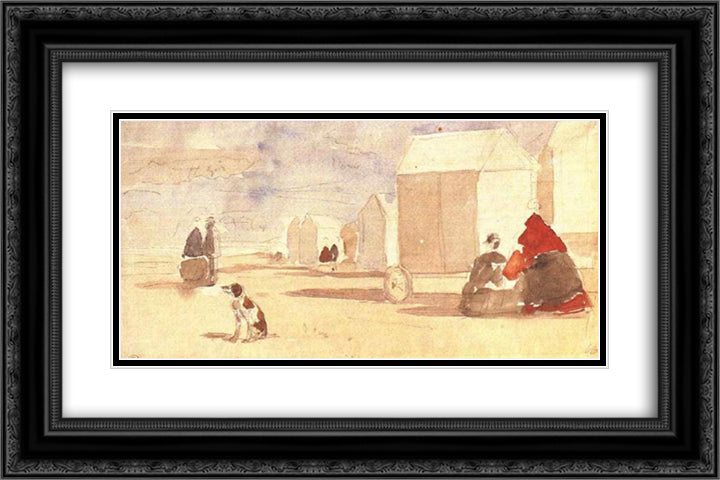 By the Bathing Machines 24x16 Black Ornate Wood Framed Art Print Poster with Double Matting by Boudin, Eugene