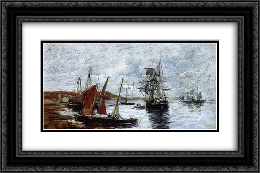 Camaret, Boats on the Shore 24x16 Black Ornate Wood Framed Art Print Poster with Double Matting by Boudin, Eugene