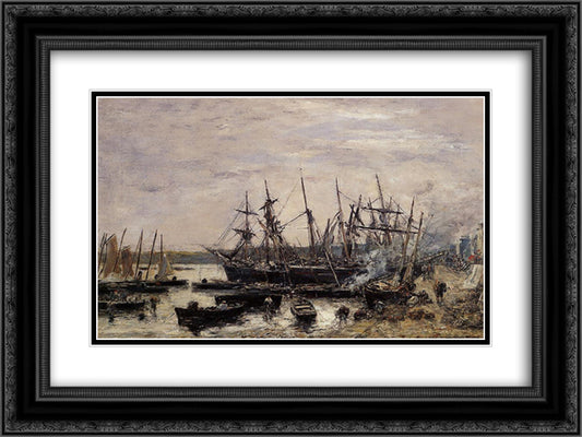 Camaret, Fishing Boats at Dock 24x18 Black Ornate Wood Framed Art Print Poster with Double Matting by Boudin, Eugene