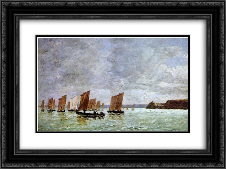 Camaret, Fishing Boats off the Shore 24x18 Black Ornate Wood Framed Art Print Poster with Double Matting by Boudin, Eugene