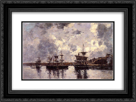 Camaret, Three Masters Anchored in the Harbor 24x18 Black Ornate Wood Framed Art Print Poster with Double Matting by Boudin, Eugene