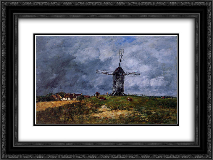 Cayeux, Windmill in the Countryside, Morning 24x18 Black Ornate Wood Framed Art Print Poster with Double Matting by Boudin, Eugene