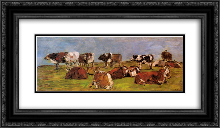 Cows in a Field 24x14 Black Ornate Wood Framed Art Print Poster with Double Matting by Boudin, Eugene