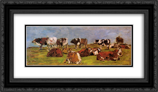 Cows in a Field 24x14 Black Ornate Wood Framed Art Print Poster with Double Matting by Boudin, Eugene