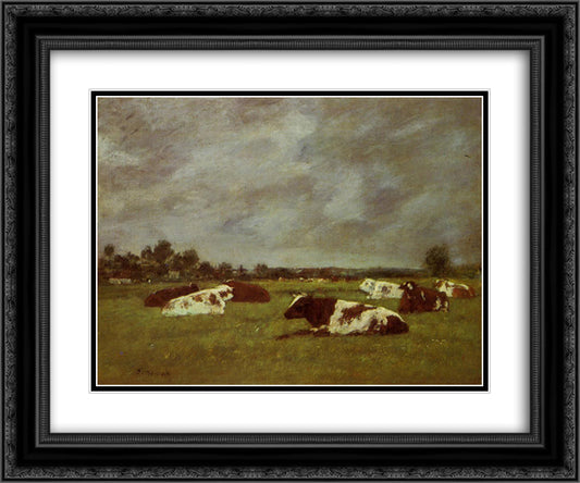 Cows in a Meadow, Morning Effect 24x20 Black Ornate Wood Framed Art Print Poster with Double Matting by Boudin, Eugene