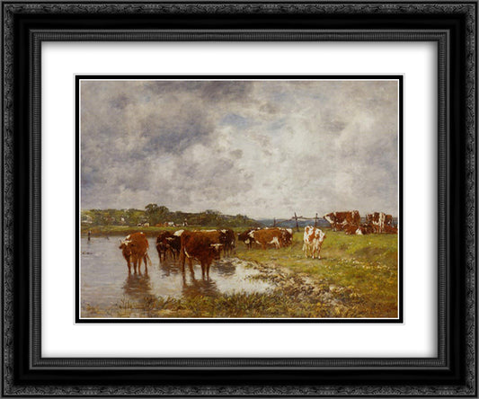 Cows in a Meadow on the Banks of the Toques 24x20 Black Ornate Wood Framed Art Print Poster with Double Matting by Boudin, Eugene