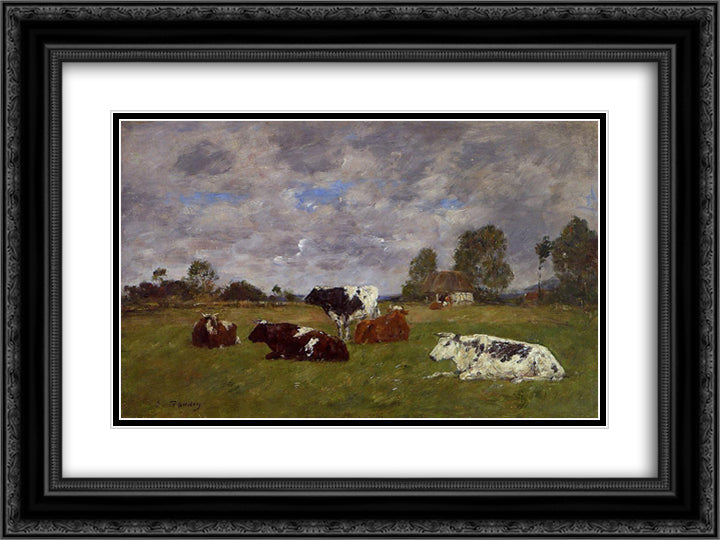 Cows in a Pasture 24x18 Black Ornate Wood Framed Art Print Poster with Double Matting by Boudin, Eugene