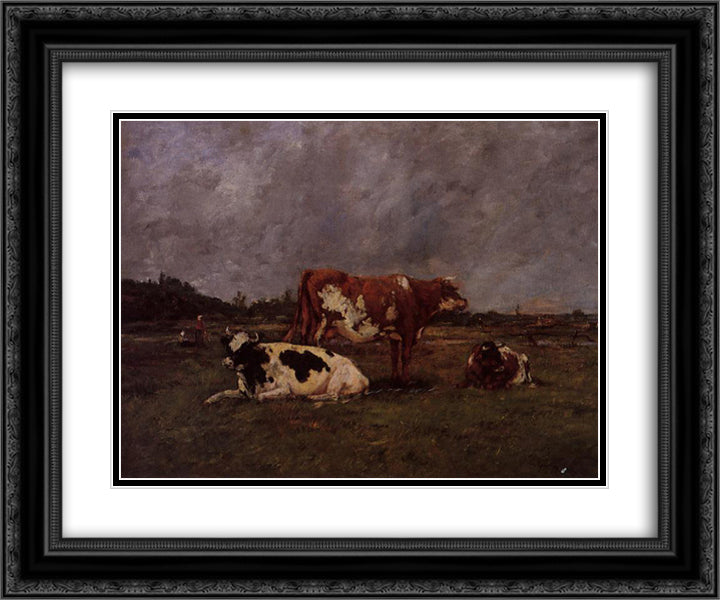 Cows in Pasture 24x20 Black Ornate Wood Framed Art Print Poster with Double Matting by Boudin, Eugene