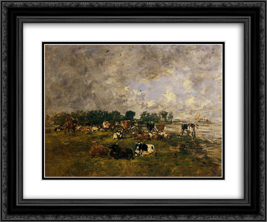 Cows in the Fields 24x20 Black Ornate Wood Framed Art Print Poster with Double Matting by Boudin, Eugene