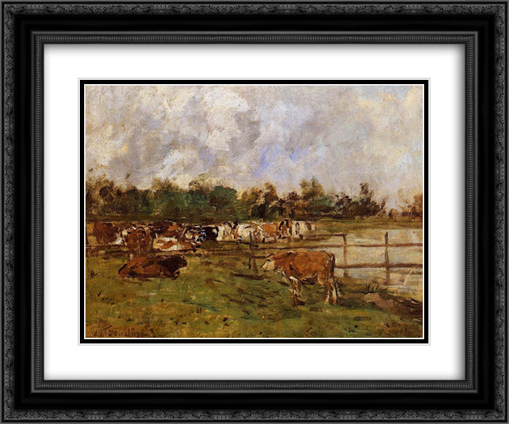 Cows in the Meadow 24x20 Black Ornate Wood Framed Art Print Poster with Double Matting by Boudin, Eugene