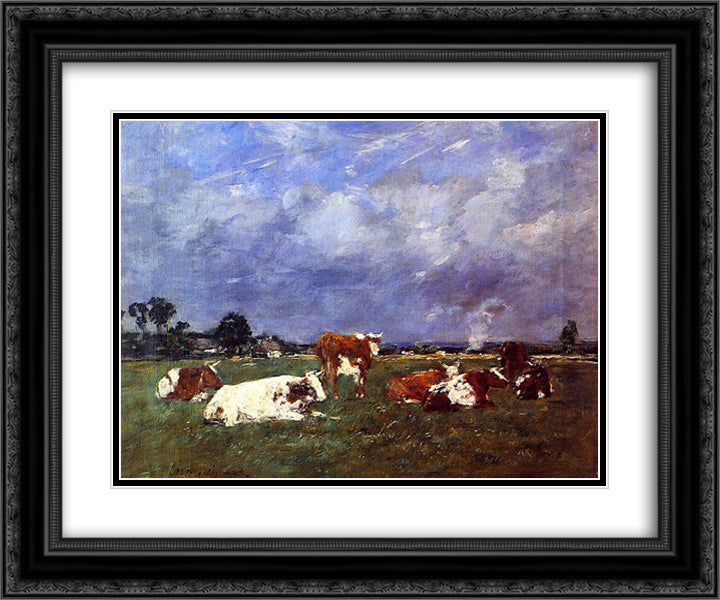 Cows in the Pasture 24x20 Black Ornate Wood Framed Art Print Poster with Double Matting by Boudin, Eugene