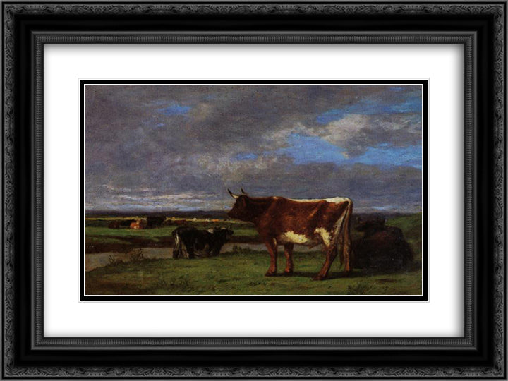 Cows near the Toques 24x18 Black Ornate Wood Framed Art Print Poster with Double Matting by Boudin, Eugene