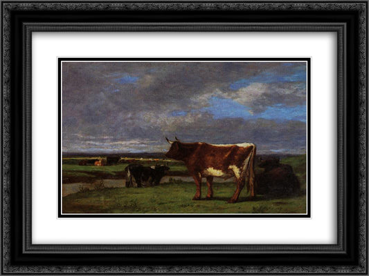 Cows near the Toques 24x18 Black Ornate Wood Framed Art Print Poster with Double Matting by Boudin, Eugene