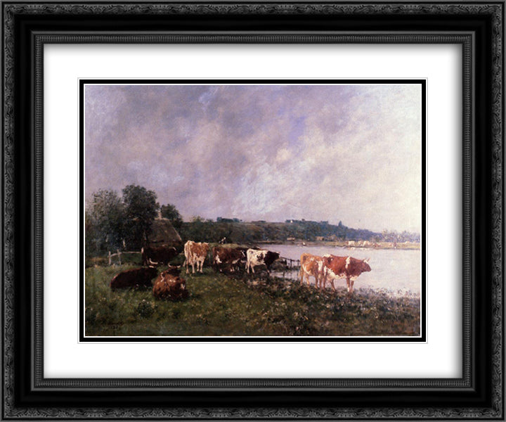 Cows on the Riverbanks of the Touques 24x20 Black Ornate Wood Framed Art Print Poster with Double Matting by Boudin, Eugene