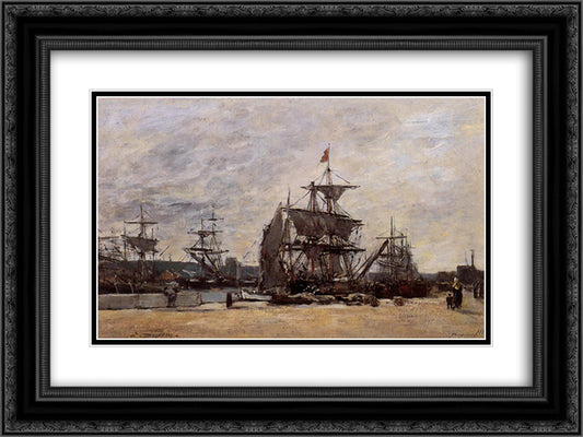 Deauville, Docked Boats 24x18 Black Ornate Wood Framed Art Print Poster with Double Matting by Boudin, Eugene