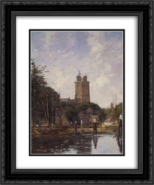 Dordrecht, The Great Church from the Canal 20x24 Black Ornate Wood Framed Art Print Poster with Double Matting by Boudin, Eugene