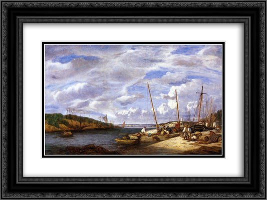 Douarnenez, Fishing Boats at Dockside 24x18 Black Ornate Wood Framed Art Print Poster with Double Matting by Boudin, Eugene