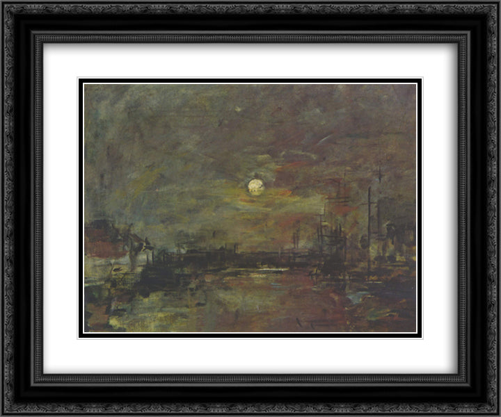 Dusk over the port of Le Havre 24x20 Black Ornate Wood Framed Art Print Poster with Double Matting by Boudin, Eugene