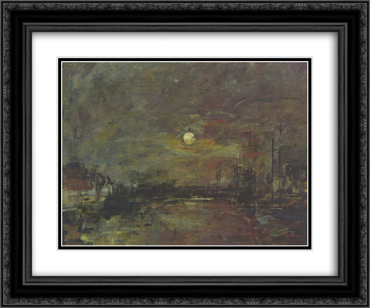 Dusk over the port of Le Havre 24x20 Black Ornate Wood Framed Art Print Poster with Double Matting by Boudin, Eugene