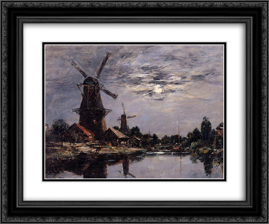 Dutch Windmills 24x20 Black Ornate Wood Framed Art Print Poster with Double Matting by Boudin, Eugene