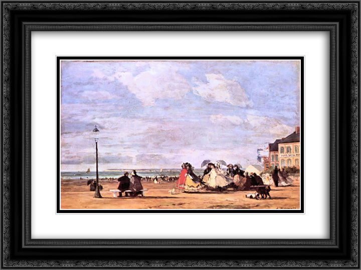 Empress Eugenie on the beach at Trouville 24x18 Black Ornate Wood Framed Art Print Poster with Double Matting by Boudin, Eugene