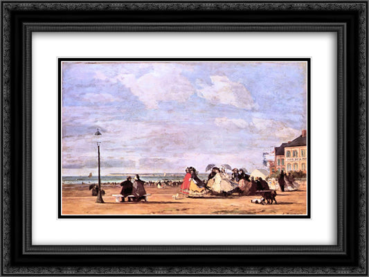 Empress Eugenie on the beach at Trouville 24x18 Black Ornate Wood Framed Art Print Poster with Double Matting by Boudin, Eugene